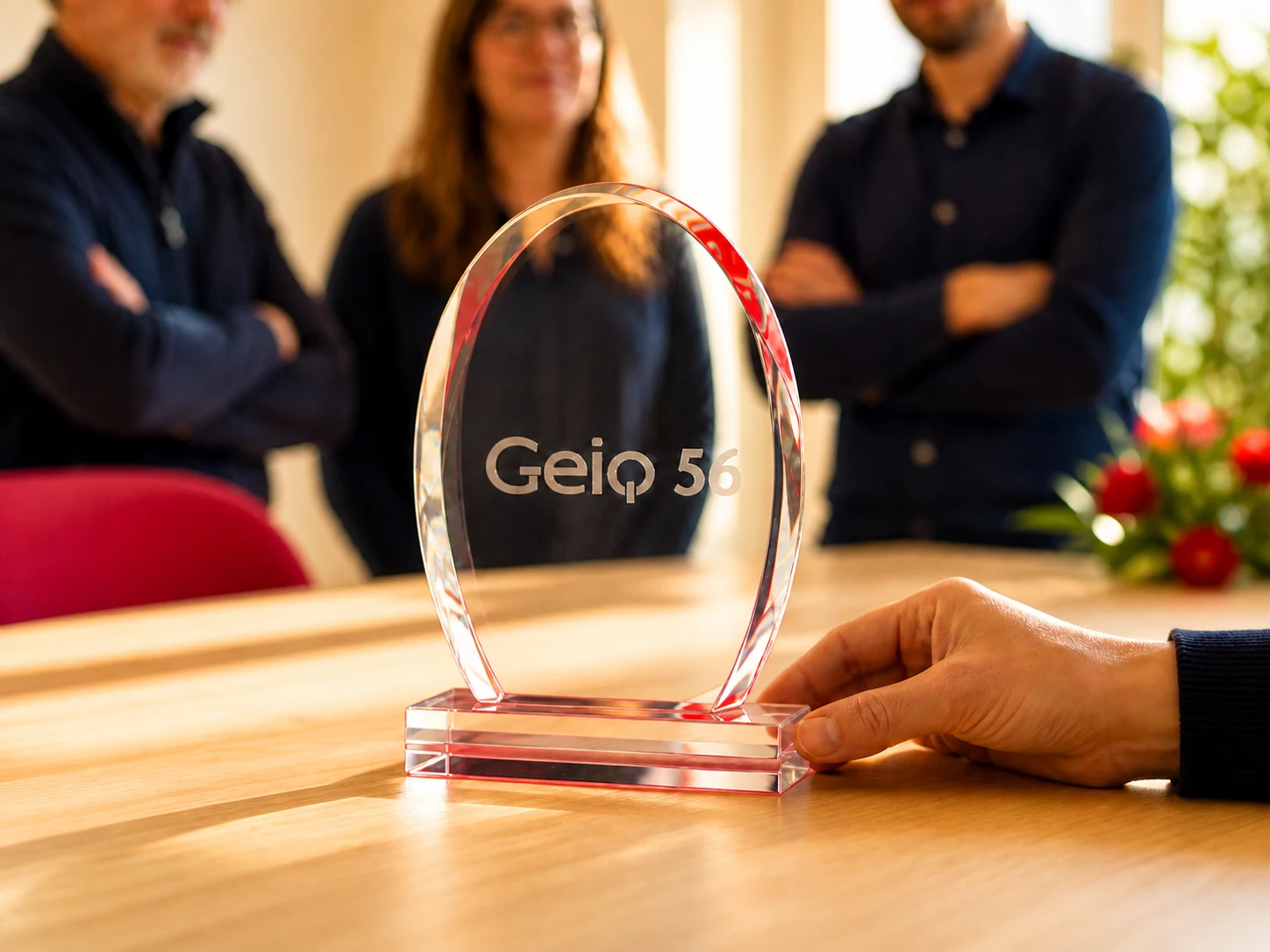 Image illustrative provisoire générée : gros plan sur un trophée en verre gravé GEIQ 56.
