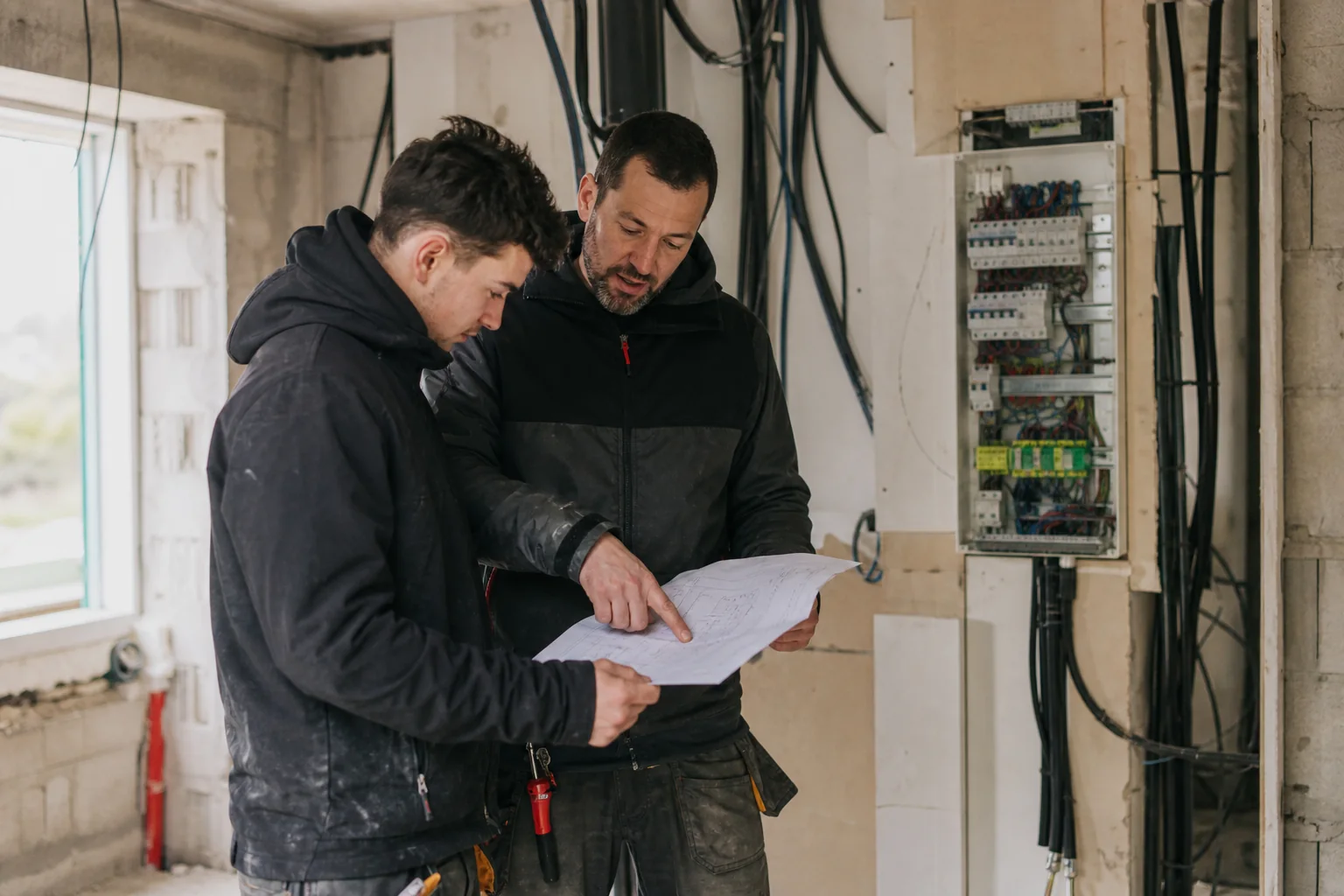 Illustration d’un apprentissage : un tuteur et un apprenant consultent un plan électrique.