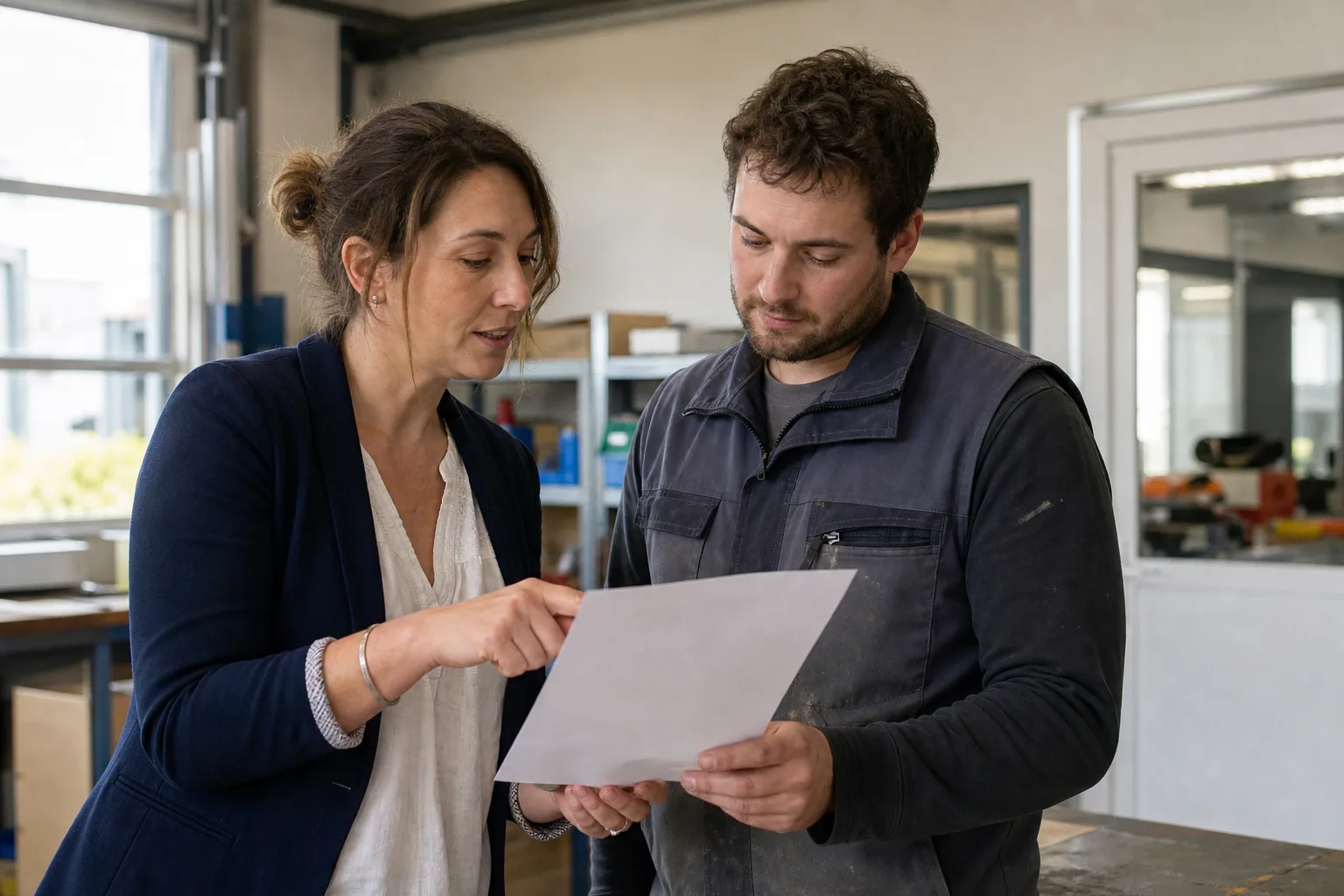 Une conseillère et un salarié en parcours font le point sur sa progression dans un atelier.