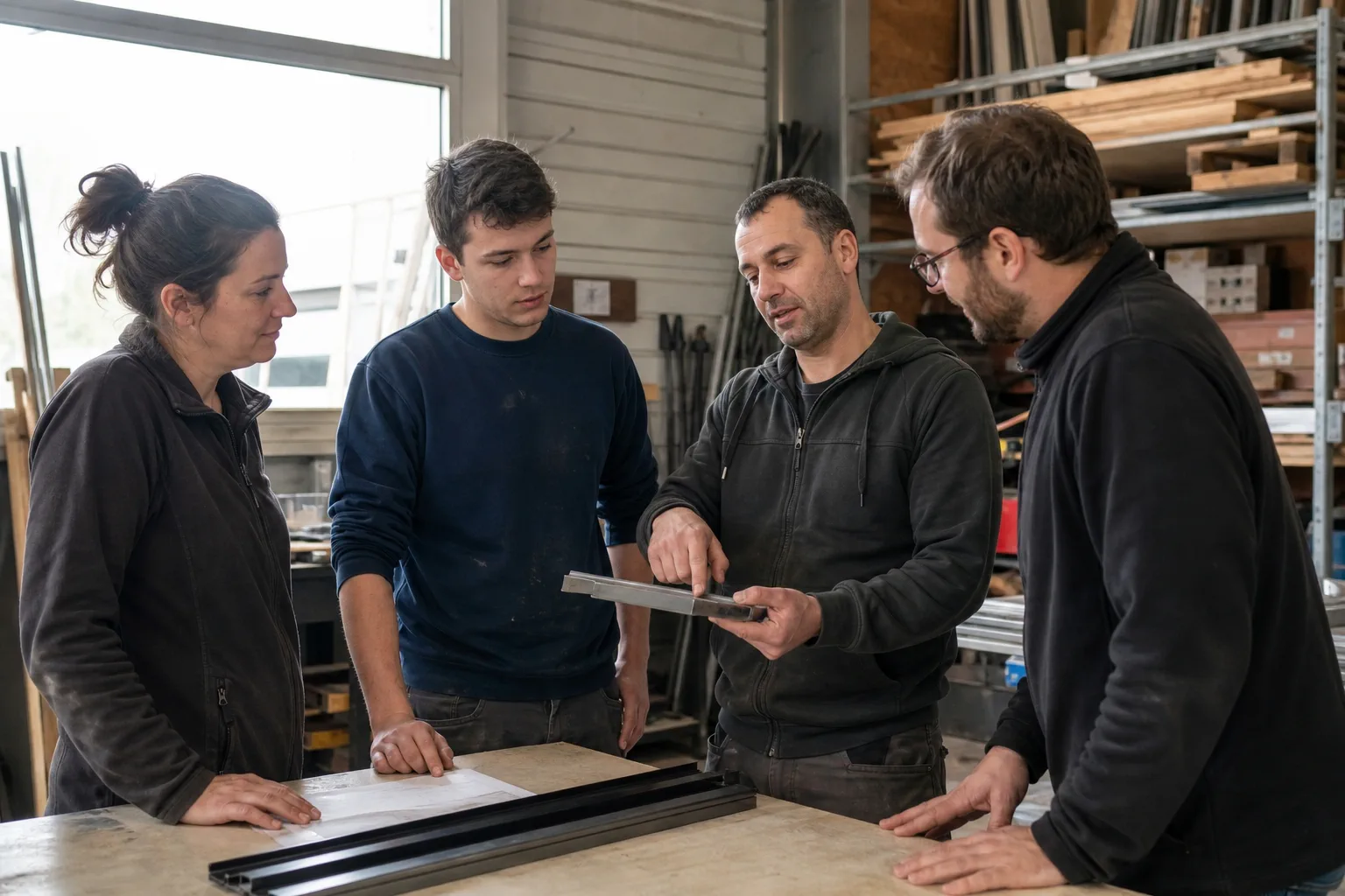 Une nouvelle recrue, son tuteur et deux collègues échangent autour d’une pièce de travail dans l’atelier.