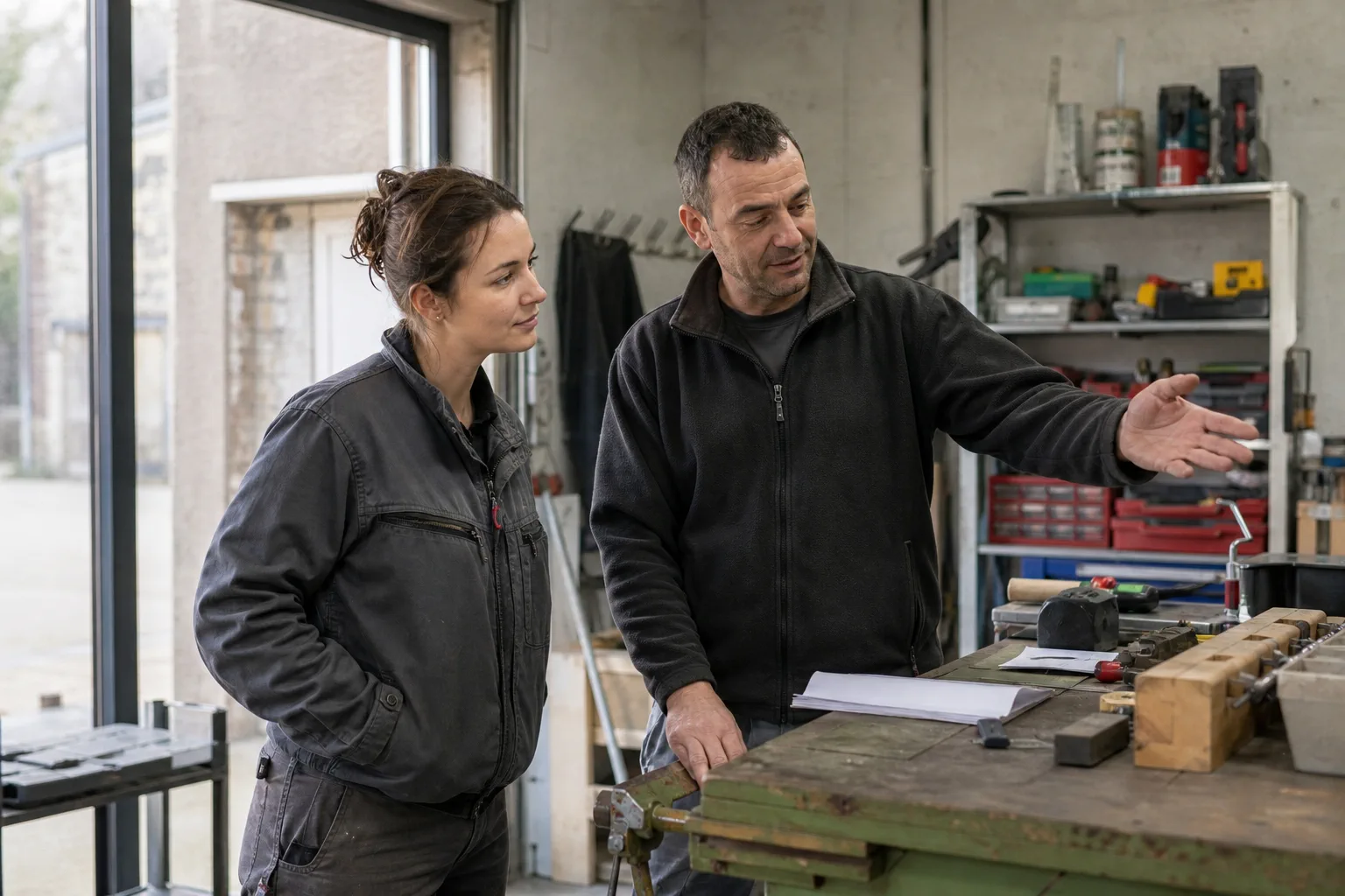 Un professionnel présente l’atelier à une nouvelle recrue lors de son premier jour.
