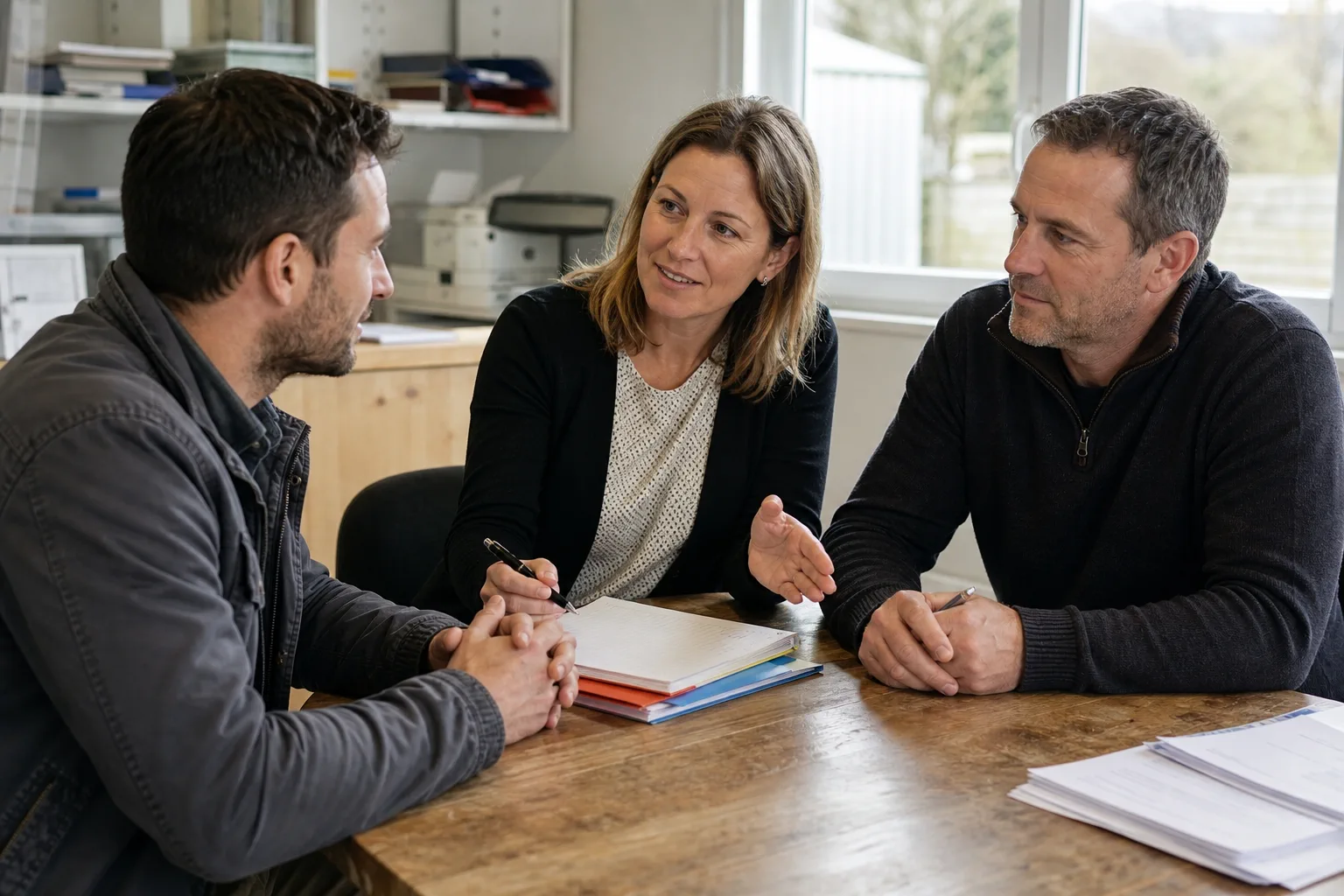 Une conseillère accompagne la première rencontre entre un candidat et un responsable de petite entreprise autour d’une table.