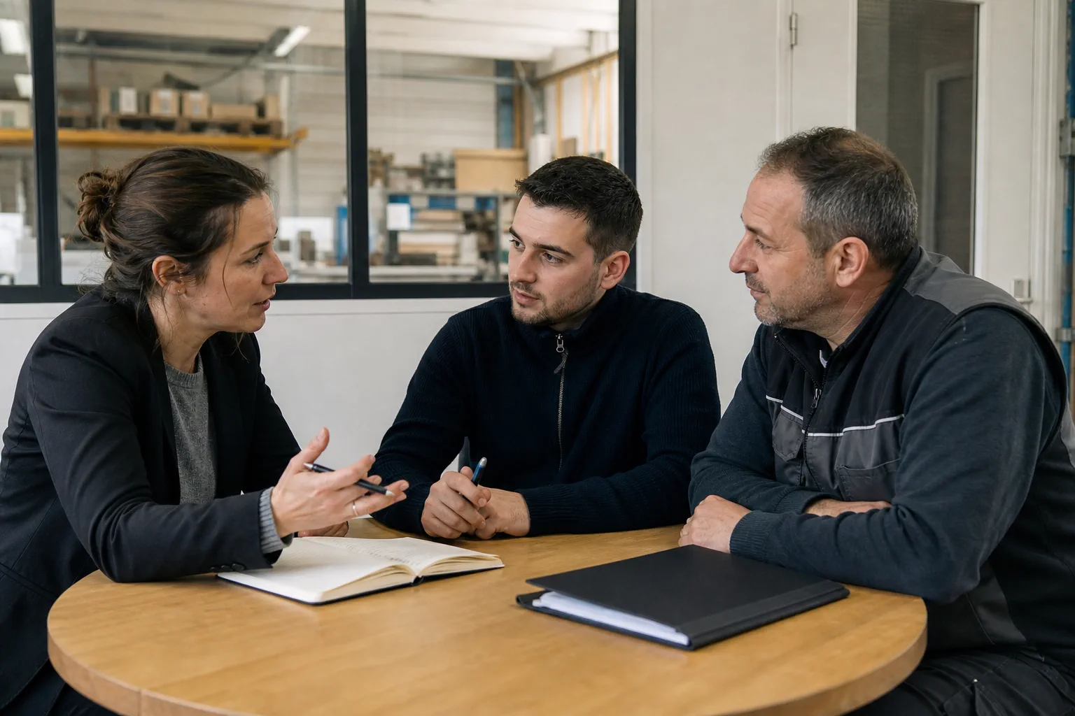 Une conseillère, un salarié en parcours et son tuteur échangent lors d’un point de suivi en entreprise.