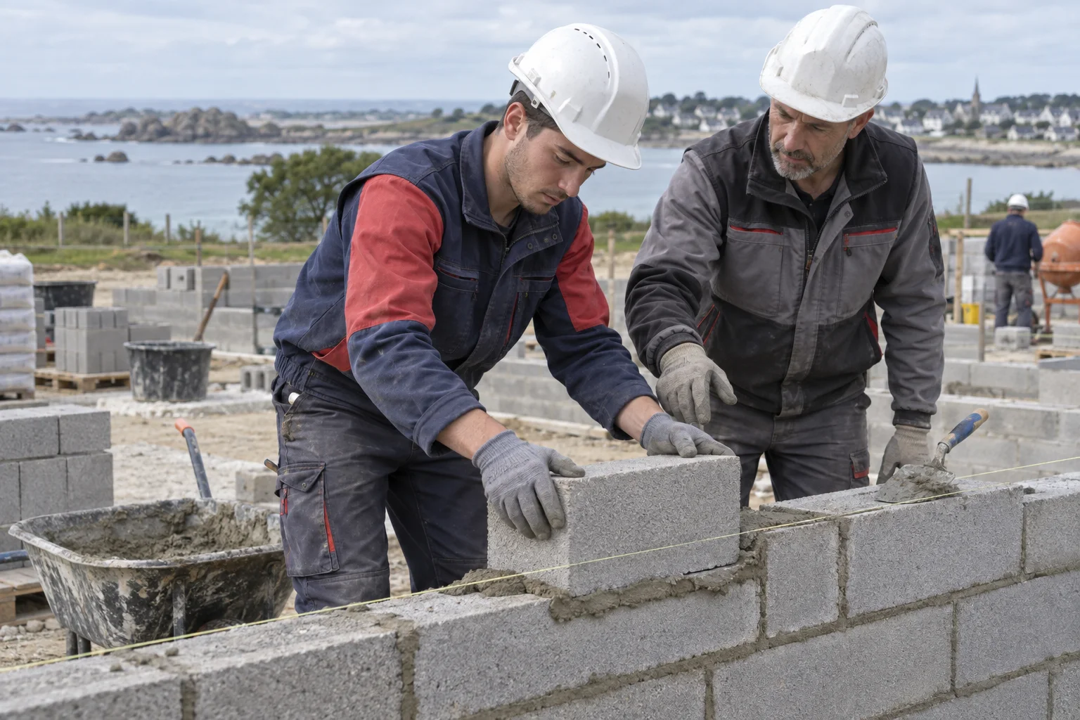 Apprentissage de la maçonnerie sur un chantier